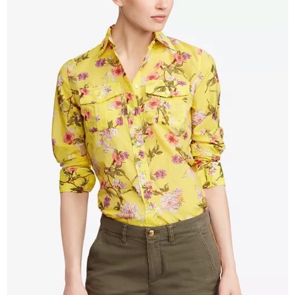 Lauren Ralph Lauren Yellow Floral Print Button Down Shirt Large - Picture 1 of 7